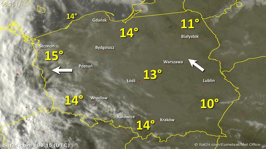 Zdjęcie satelitarne Polski w dniu 30 sierpnia 2018 o godzinie 8:15. Dane: Sat24.com / Eumetsat.