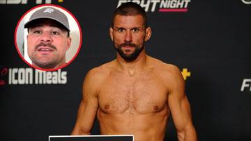 Portret zawodnika MMA z kr&oacute;tką brodą i przystrzyżonymi włosami na ciemnym tle z logo UFC, w rogu mniejszy portret mężczyzny w czapce z daszkiem.