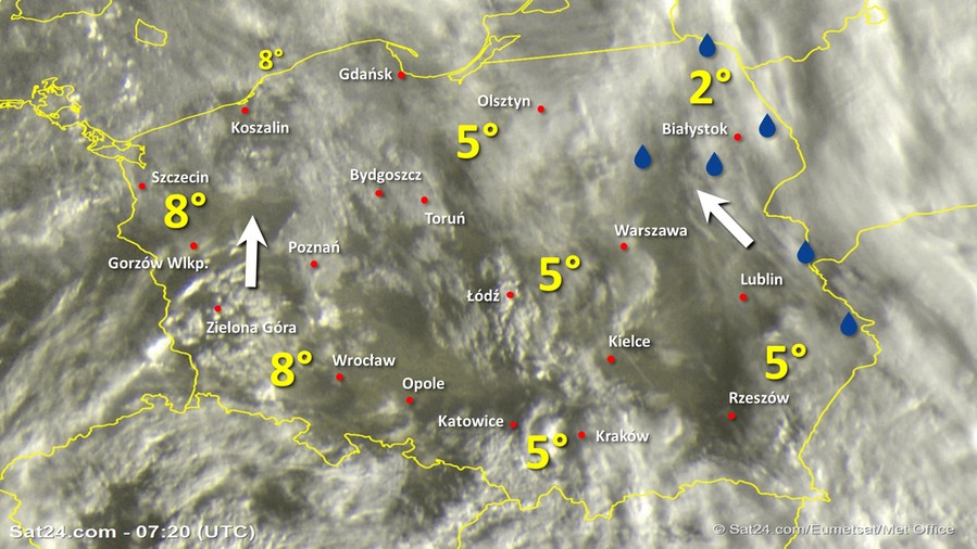 Zdjęcie satelitarne Polski w dniu 28 listopada 2019 o godzinie 8:20. Dane: Sat24.com / Eumetsat.