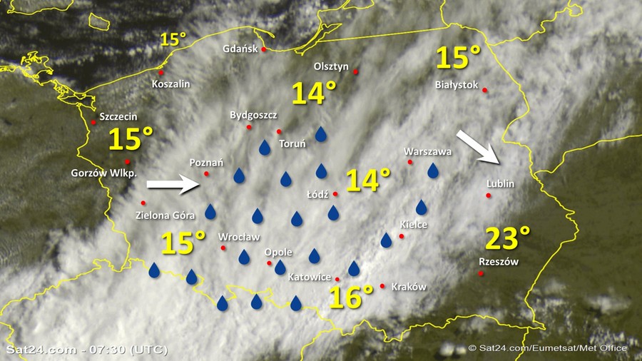 Zdjęcie satelitarne Polski w dniu 11 lipca 2020 o godzinie 9:35. Dane: Sat24.com / Eumetsat.