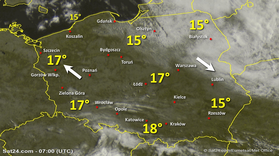 Zdjęcie satelitarne Polski w dniu 18 lipca 2019 o godzinie 9:00. Dane: Sat24.com / Eumetsat.