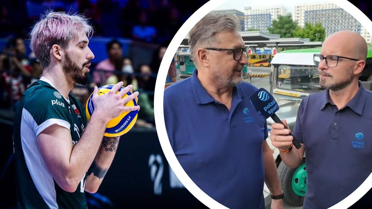 Siatkarz z piwnymi włosami w zielonym stroju trzyma piłkę do siatkówki, po drugiej stronie wywiad z dwoma mężczyznami, jeden z nich zadaje pytanie.