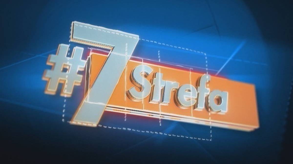 Grafika z logotypem "#7Strefa" w kolorach srebrnym i pomarańczowym na niebieskim tle z elementami graficznymi.