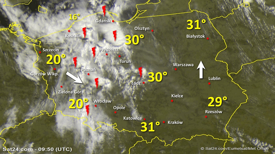 Zdjęcie satelitarne Polski w dniu 13 czerwca 2019 o godzinie 11:50. Dane: Sat24.com / Eumetsat.