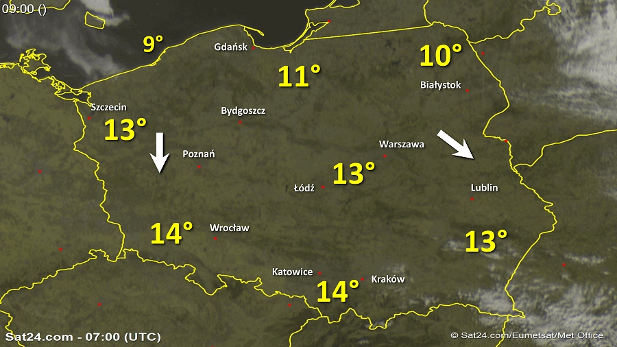 Zdjęcie satelitarne w dniu 19 kwietnia 2018 o godzinie 9:00. Dane: Sat24.com / Eumetsat.