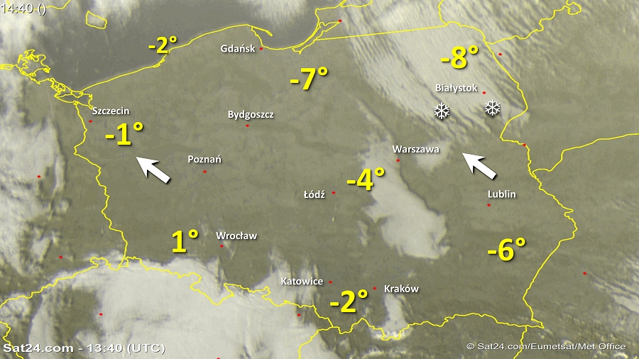 Zdjęcie satelitarne w dniu 15 stycznia 2018 o godzinie 14:40. Dane: Sat24.com / Eumetsat.