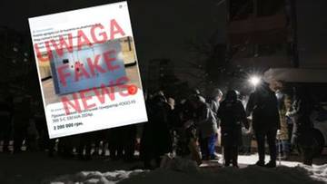Grafika z napisem "UWAGA FAKE NEWS" na tle zdjęcia ludzi w nocy.