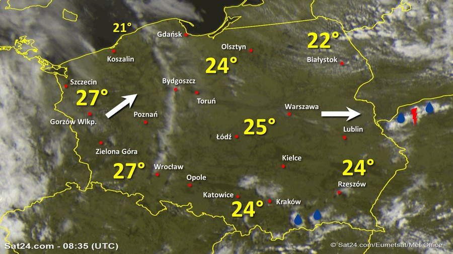 Zdjęcie satelitarne Polski w dniu 28 czerwca 2020 o godzinie 10:35. Dane: Sat24.com / Eumetsat.