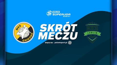 Logo Enea MKS Gniezno obok napisu SKR&Oacute;T MECZU i logo PGE MKS El-Volt Lublin. W tle niebiesko-granatowa grafika.