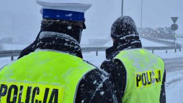 Dw&oacute;ch funkcjonariuszy policji w kamizelkach odblaskowych z napisem "POLICJA" stoi tyłem do widza na tle zaśnieżonej drogi.