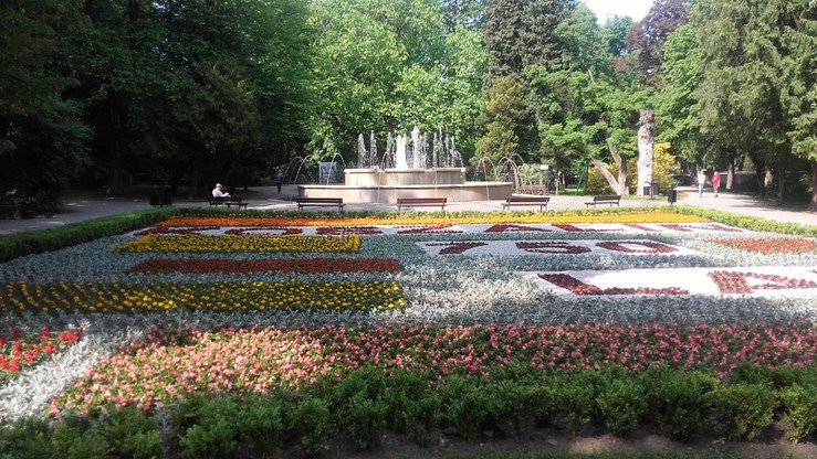 750-lecie Koszalina. Napis ułożony z kwiatów w parku miejskim