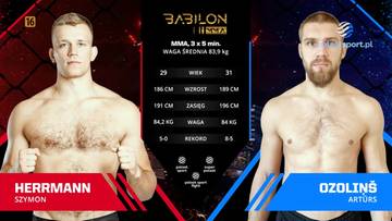 Dwóch zawodników MMA, Szymon Herrmann i Arturs Ozolins, prezentuje się przed ekranem z informacjami o walce. Na ekranie widnieją ich imiona, statystyki i waga.