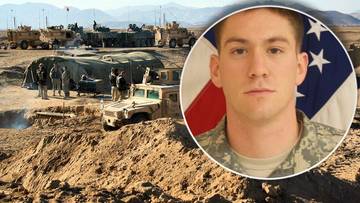 Portret amerykańskiego żołnierza na tle bazy wojskowej w Afganistanie.