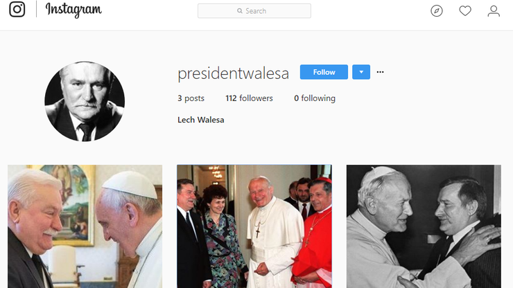 Lech Wałęsa założył konto na Instagramie. Zamieścił zdjęcia m.in. z Janem Pawłem II