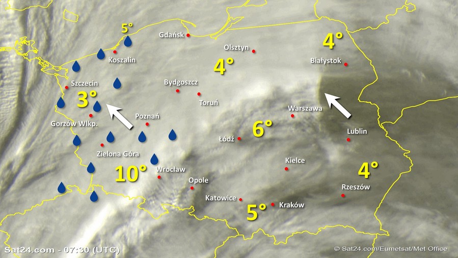 Zdjęcie satelitarne Polski w dniu 12 listopada 2019 o godzinie 8:30. Dane: Sat24.com / Eumetsat.