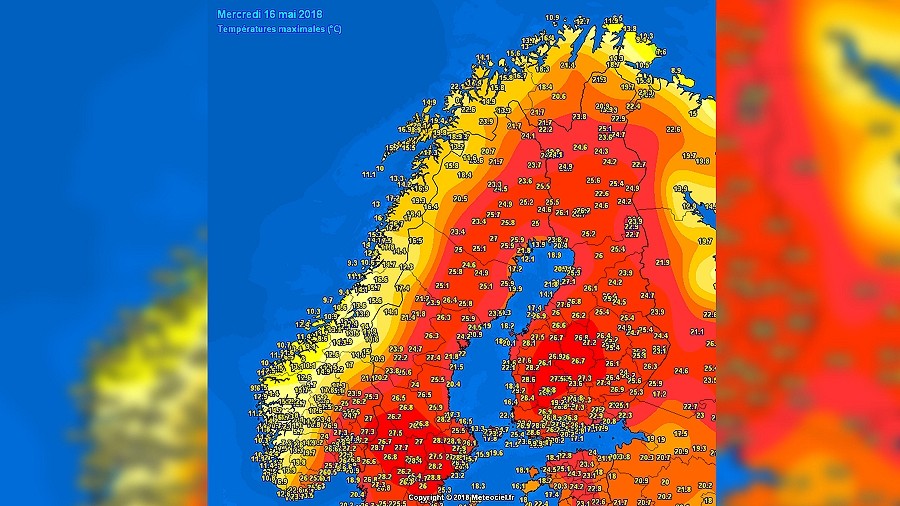 Maksymalne temperatury wczoraj w Skandynawii. Fot. Meteociel.fr
