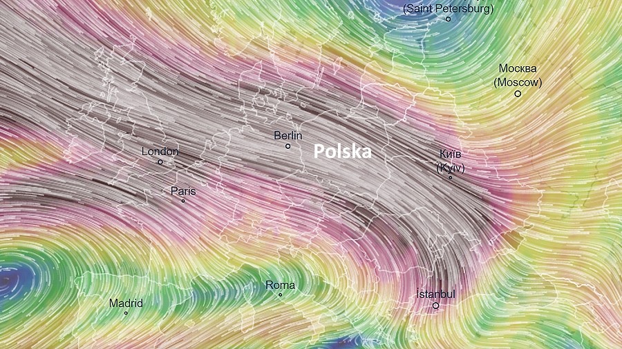 Kierunek przepływu i prędkość prądu strumieniowego nad Europą. Fot. ventusky.com