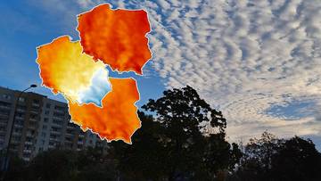 Mapa Polski z nałożoną kolorową prognozą pogody na tle pochmurnego nieba i sylwetek budynk&oacute;w.