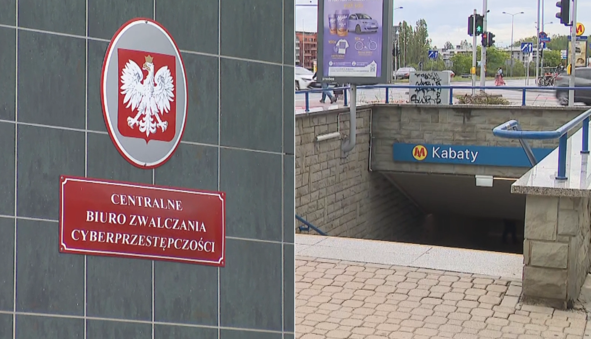 Fragment elewacji budynku z tablicą "Centralne Biuro Zwalczania Cyberprzestępczości" oraz wejście do stacji metra "Kabaty".