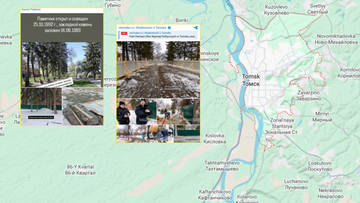 Fragment mapy z zaznaczonym Tomskiem oraz kolaż zdjęć przedstawiających demontaż pomnika i jego element&oacute;w.