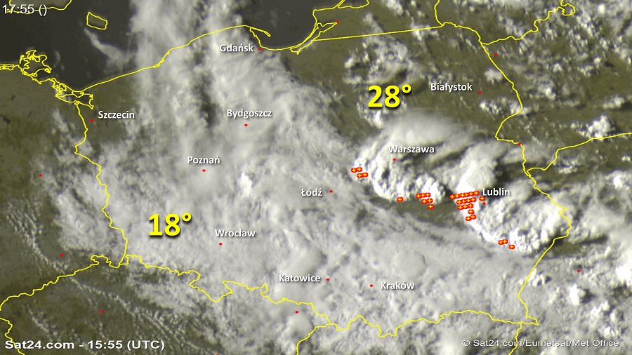 Zdjęcie satelitarne Polski w dniu 19 lipca 2018 o godzinie 17:55. Dane: Sat24.com / Eumetsat.