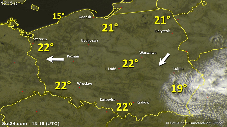 Zdjęcie satelitarne Polski w dniu 7 maja 2018 o godzinie 15:15. Dane: Sat24.com / Eumetsat.