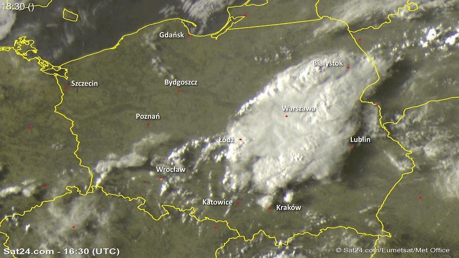 Zdjęcie satelitarne w dniu 29 kwietnia 2018 o godzinie 18:30. Dane: Sat24.com / Eumetsat.