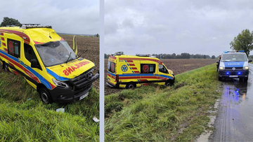 Groźny wypadek pod Oławą. Ambulans wypadł z drogi i dachował