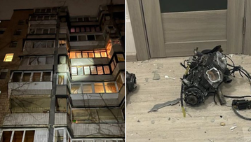 Uszkodzony budynek mieszkalny i wnętrze z gruzem po ataku.