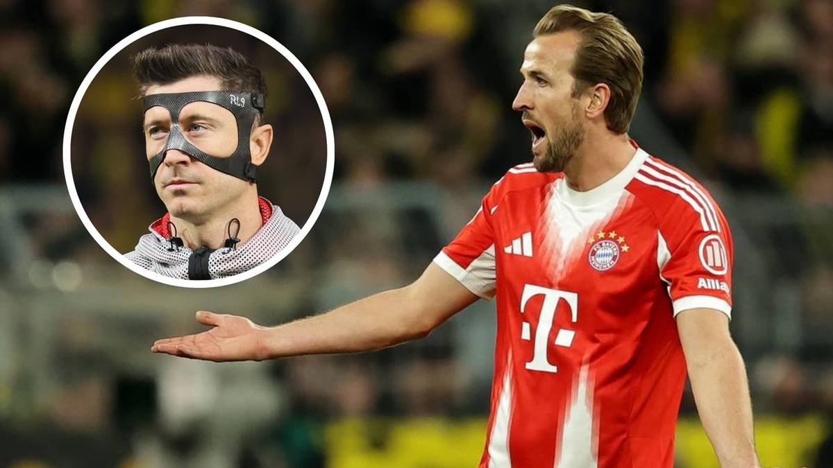 Harry Kane w stroju piłkarskim Bayernu Monachium gestykuluje, obok wizerunek Roberta Lewandowskiego w masce ochronnej na twarzy.