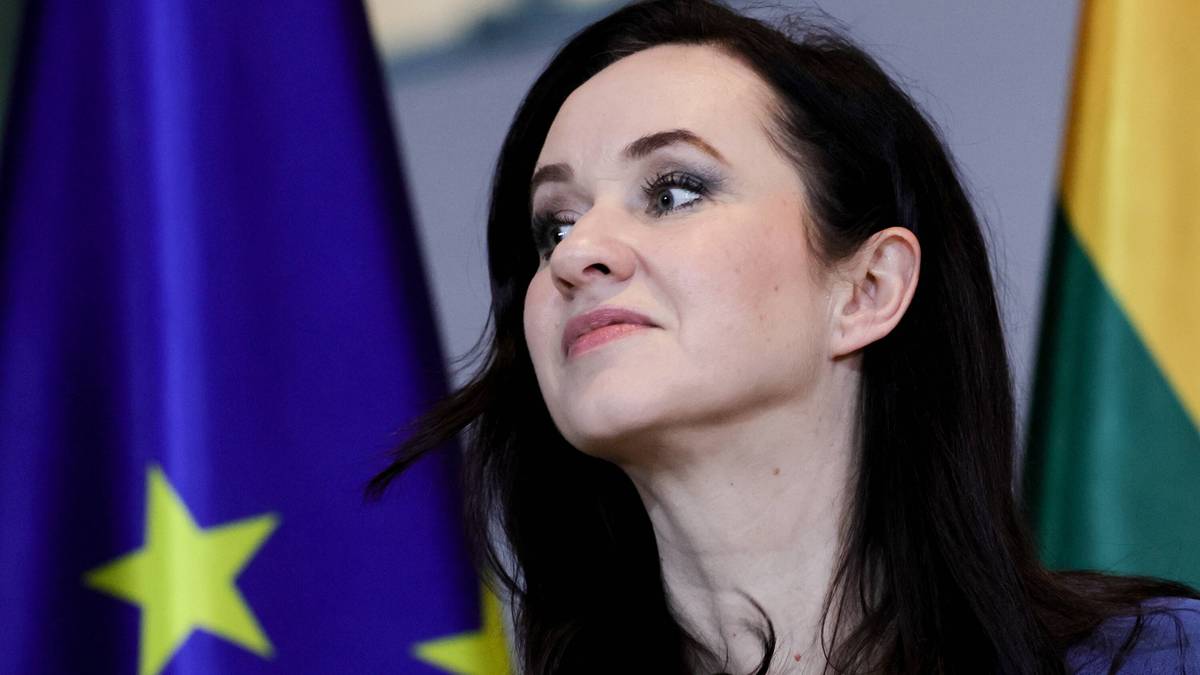 Kobieta z ciemnymi włosami na tle flag Unii Europejskiej i Litwy.