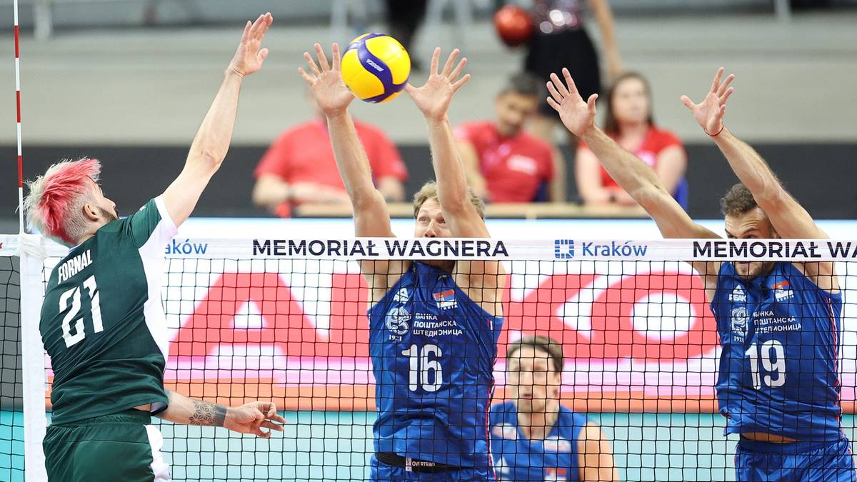 Gracze siatkówki wykonują blok podczas meczu. Widać trzech zawodników z jednej drużyny w niebieskich strojach, blokujących atak przeciwnika w zielonym stroju.