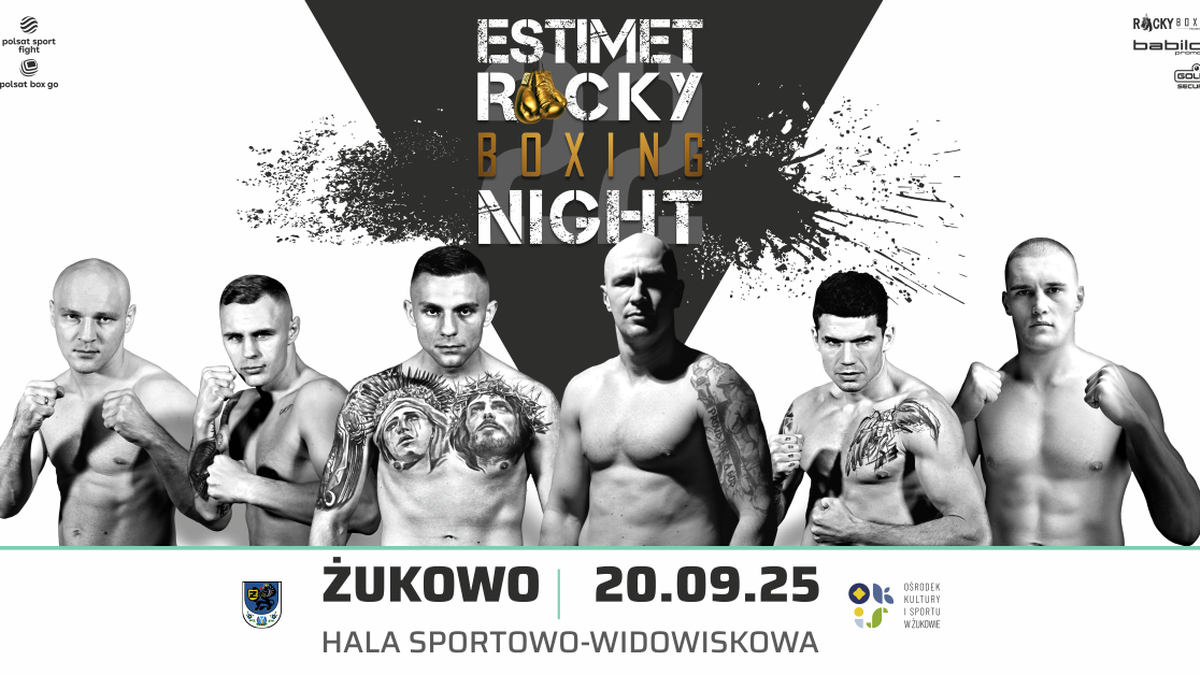 Grupa sześciu bokserów stojących obok siebie, przedstawionych w zbliżeniu. Powyżej znajduje się logo "ESTIMET ROCKY BOXING NIGHT" oraz data i miejsce wydarzenia.