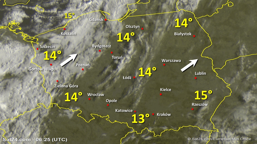 Zdjęcie satelitarne Polski w dniu 12 września 2019 o godzinie 8:30. Dane: Sat24.com / Eumetsat.