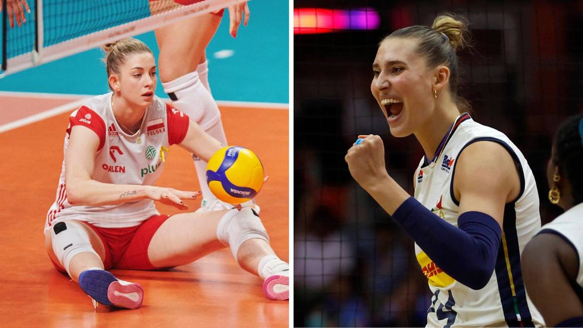 Dwie siatkarki podczas gry. Jedna leży na parkiecie, druga cieszy się ze zdobytego punktu.