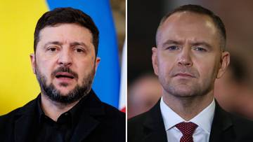 Dwa portrety mężczyzn: po lewej Wołodymyr Zełenski, po prawej Karol Nawrocki.