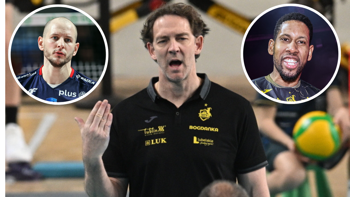 Trzy sylwetki siatkarzy i trener&oacute;w: Stephane Antiga w środku, Bartosz Kurek i Wilfredo Leon po bokach.