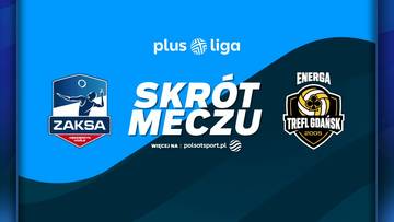Logo ZAKSA Kędzierzyn-Koźle i logo Energa Trefl Gdańsk po obu stronach napisu "SKR&Oacute;T MECZU" na niebieskim tle z logiem Plus Ligi.