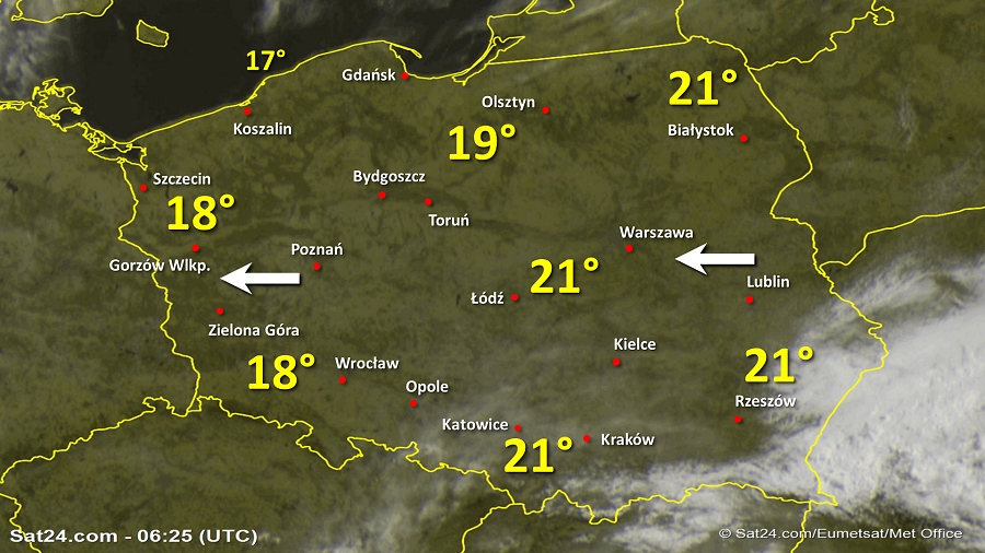 Zdjęcie satelitarne Polski w dniu 24 czerwca 2019 o godzinie 8:25. Dane: Sat24.com / Eumetsat.