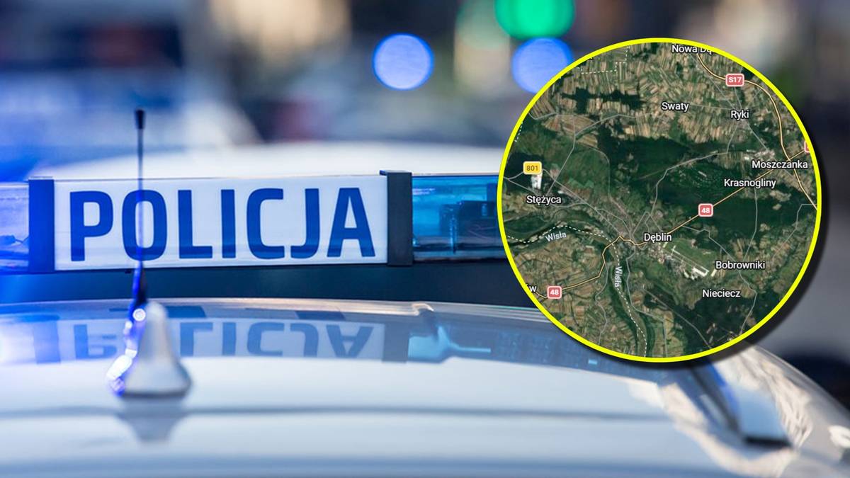 Fragment radiowozu policyjnego z napisem POLICJA i zdjęcie satelitarne okolic Dęblina.