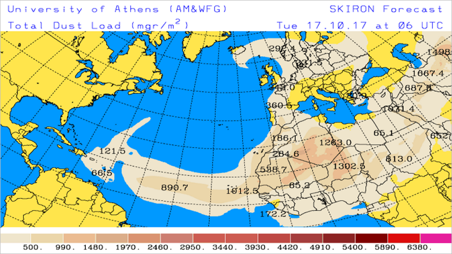 Suchy ładunek piasku znad Sahary w mikrogramach na metr kwadratowy. Fot. Uniwersytet Ateński.