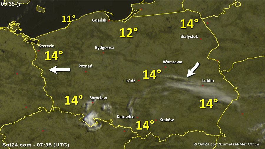 Zdjęcie satelitarne Polski w dniu 6 maja 2018 o godzinie 9:35. Dane: Sat24.com / Eumetsat.