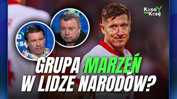 Robert Lewandowski w stroju reprezentacji Polski, obok portrety dw&oacute;ch mężczyzn, z napisem "Grupa marzeń w Lidze Narod&oacute;w?"