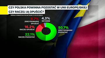 Wykres kołowy przedstawiający wyniki sondażu dotyczącego chęci opuszczenia Unii Europejskiej przez Polak&oacute;w. Większość respondent&oacute;w chce pozostać w UE.