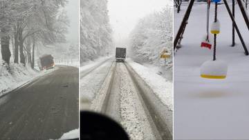 Trzy obrazy pokazujące zimową aurę: droga z autobusem w śniegu, droga z ruchem samochodowym w śnieżnych warunkach, plac zabaw zasypany śniegiem.