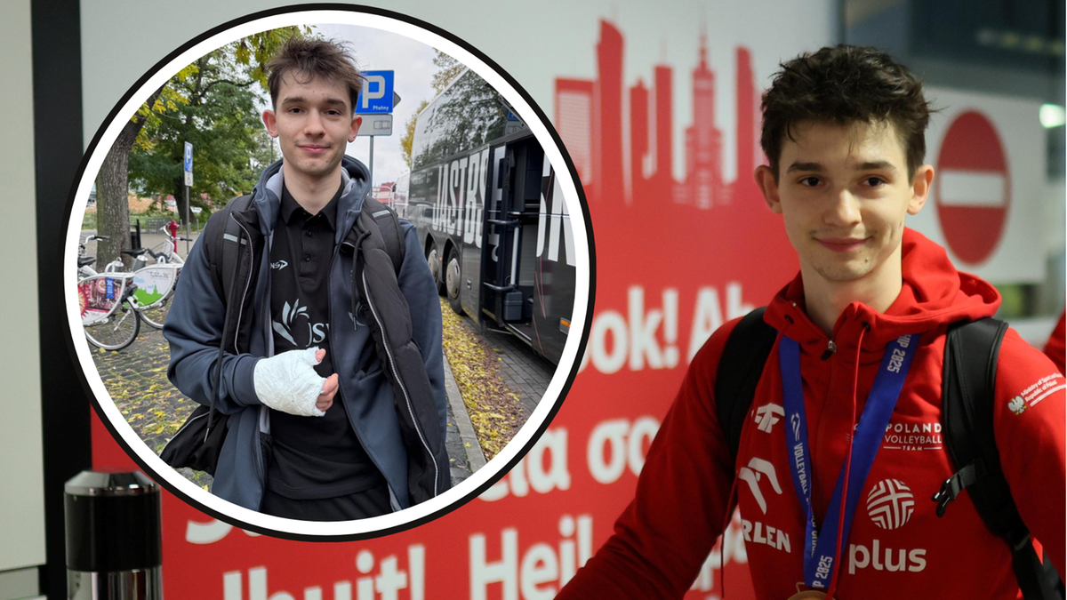 Młody mężczyzna, reprezentant Polski, uśmiecha się do aparatu. Ma na sobie czerwoną bluzę sportową z kapturem i medal na szyi. W lewym górnym rogu umieszczono mały, okrągły obrazek, na którym ten sam mężczyzna prezentuje zabandażowaną lewą rękę.