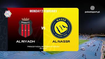 Logo Al-Riyadh i Al-Nassr z datą 2 lutego, z napisem VS pomiędzy nimi. Obok widok stadionu piłkarskiego.
