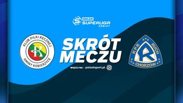 Grafika informująca o skr&oacute;cie meczu piłki ręcznej kobiet pomiędzy KPR Gmina Kobierzyce a Tauron Ruch Szczypiorno Kalisz. Widoczne loga obu drużyn oraz napis "SKR&Oacute;T MECZU".