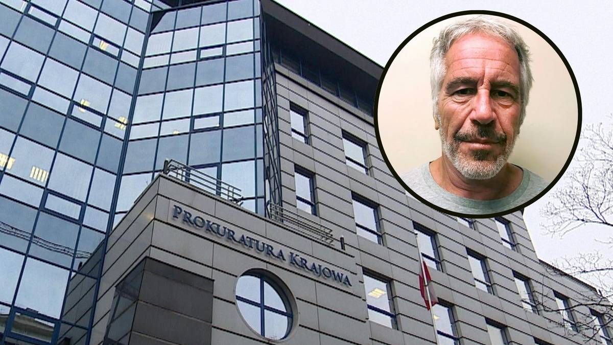 Budynek Prokuratury Krajowej w Polsce oraz zdjęcie portretowe Jeffreya Epsteina.