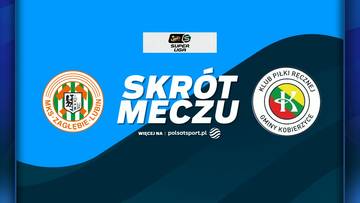 Grafika promująca skr&oacute;t meczu piłki ręcznej. Po lewej stronie logo KGHM Zagłębie Lubin, po prawej logo KPR Gminy Kobierzyce. Pośrodku duży napis "SKR&Oacute;T MECZU".